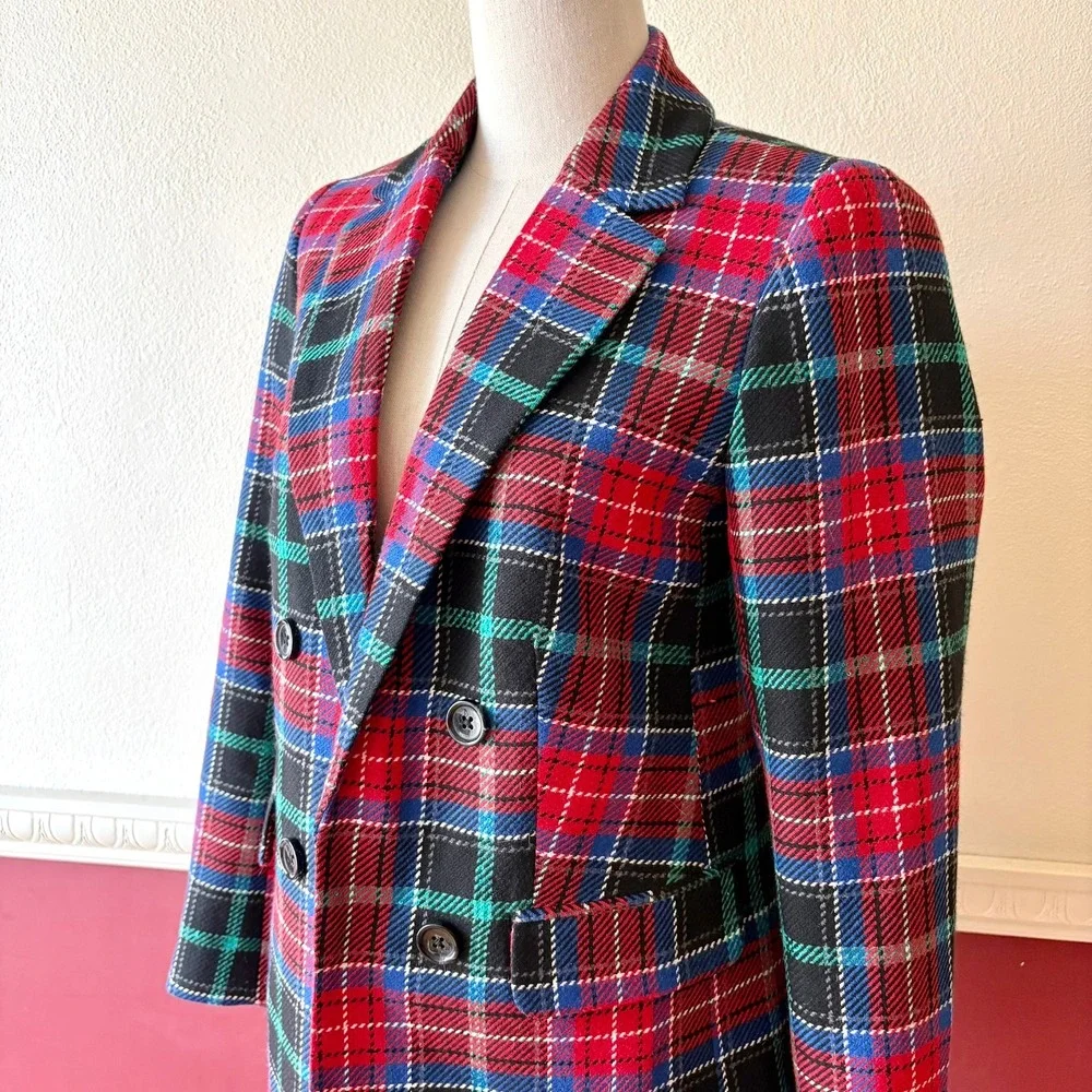 New Talbots Petite Tartan Plaid Sequin Wool Blend Double Breasted Open Blazer 2P